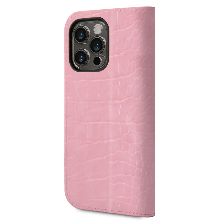 Guess PU Croco fém fényképezőgép körvonallal Book Pouzdro pro iPhone 14 Pro Max rózsaszínű tok