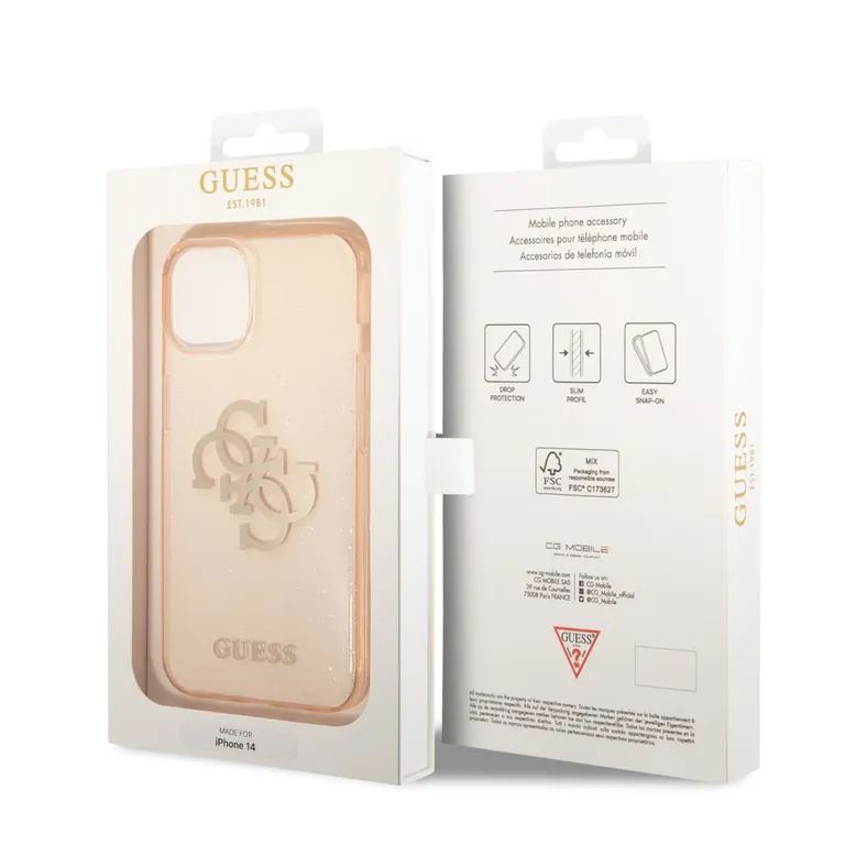 Guess TPU Big 4G Full Glitter hátlap iPhone 14 arany színű borítóhoz