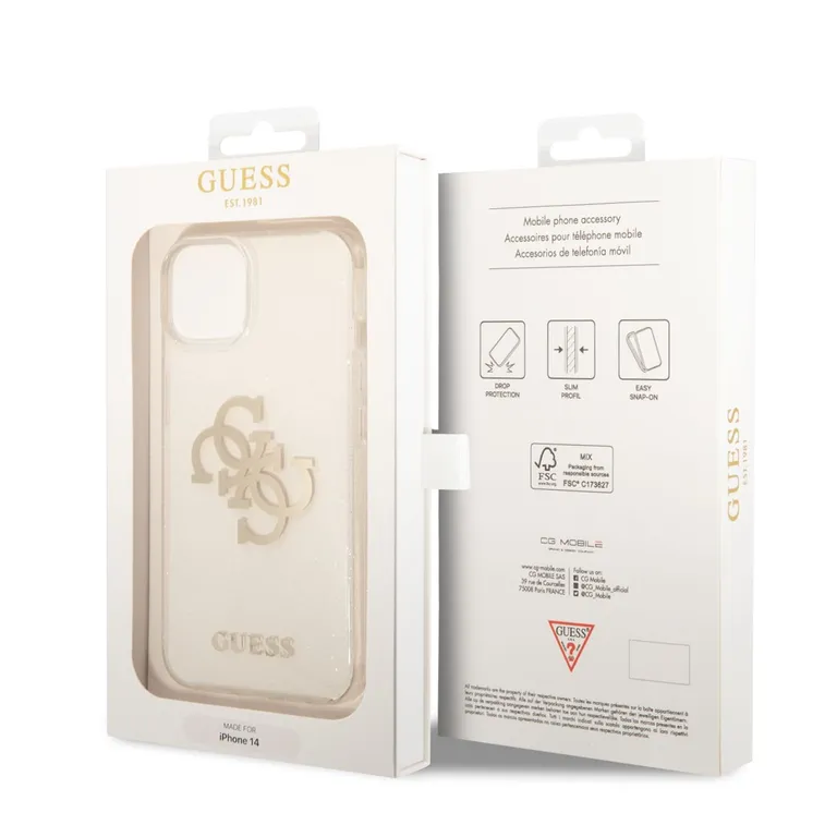 Guess TPU Big 4G Full Glitter Zadní Kryt pro iPhone 14 átlátszó tok