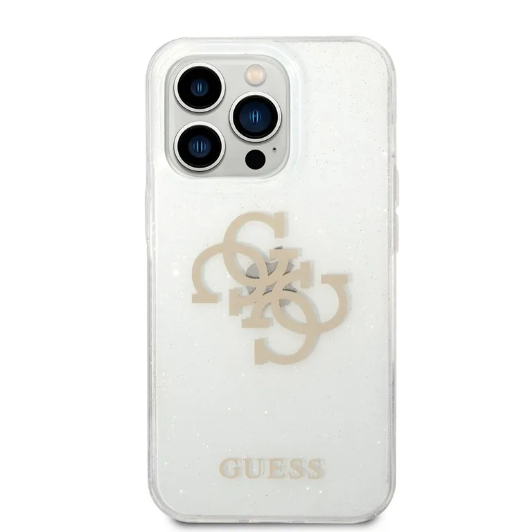 Guess TPU Big 4G Full Glitter Zadní Kryt pro iPhone 14 Pro átlátszó tok