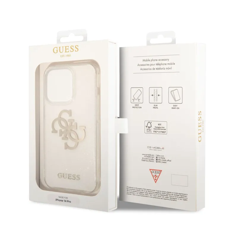 Guess TPU Big 4G Full Glitter Zadní Kryt pro iPhone 14 Pro átlátszó tok