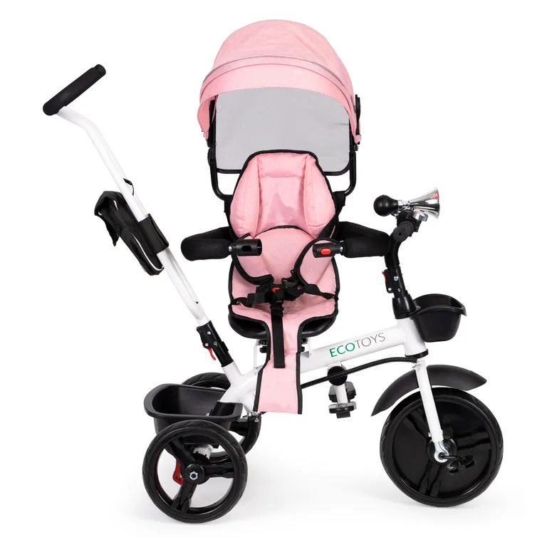 Tolható, háromkerekű bicikli 360°-ban forgatható üléssel, napellenzővel, fehér-rózsaszín