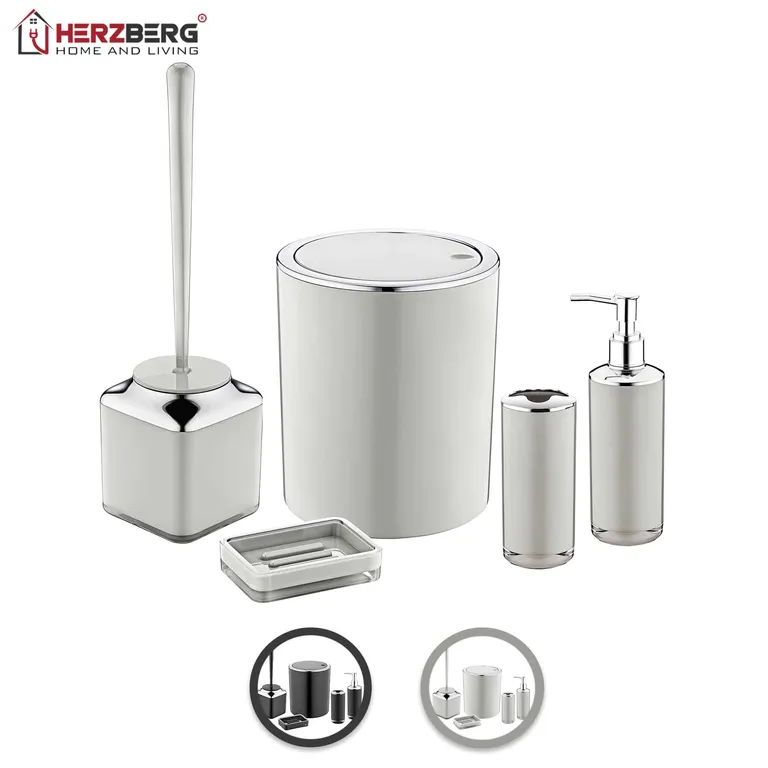 Herzberg 5 részes fürdőszobai készlet, Szemetes/WC kefe+tartó/Szappanadagoló/Fogkefetartó/Szappantartó, szürke