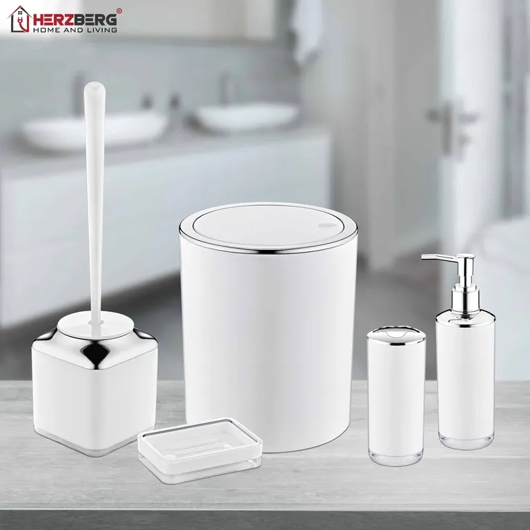 Herzberg 5 részes fürdőszobai készlet, Szemetes/WC kefe+tartó/Szappanadagoló/Fogkefetartó/Szappantartó, szürke