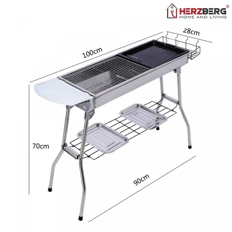 Herzberg hordozható rozsdamentes acél barbecue grill tárolótáskával, oldalsó tárolókkal, összecsukható, 100x70x28 cm, ezüst szín