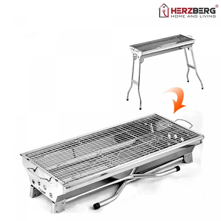 Herzberg hordozható rozsdamentes acél barbecue grill tárolótáskával, oldalsó tárolókkal, összecsukható, 100x70x28 cm, ezüst szín