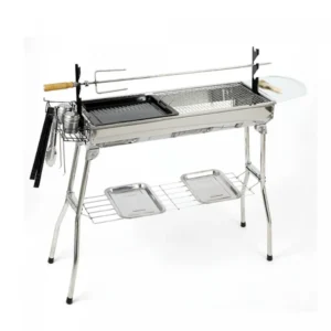 Herzberg hordozható rozsdamentes acél barbecue grill tárolótáskával, oldalsó tárolókkal, összecsukható, 100x70x28 cm, ezüst szín