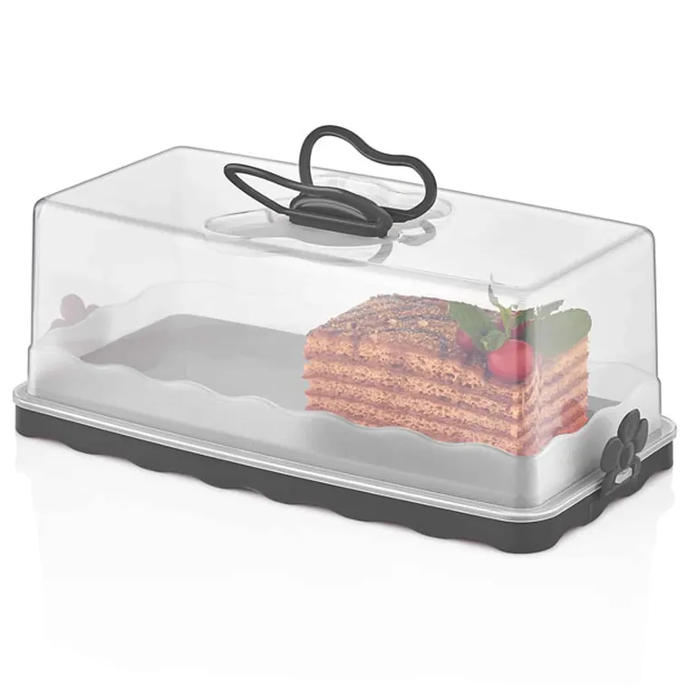 Herzberg Baton torta tároló doboz csíptetős fedéllel, BPA mentes, 33,5x17x12,5 cm, fekete/szürke