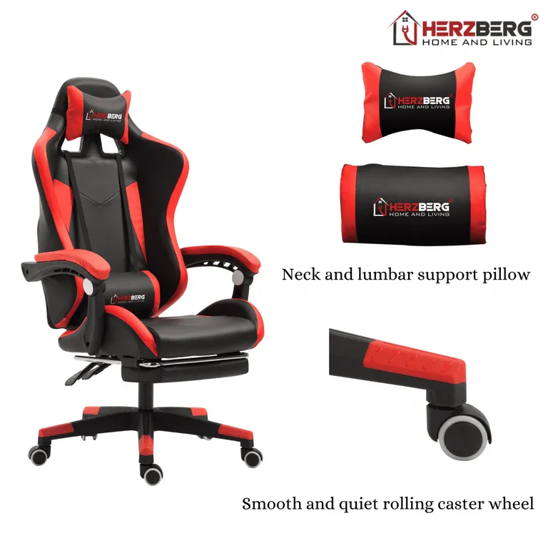 Herzberg Ergonómikus gamer szék, 66 x 50 x 115-123 cm, piros