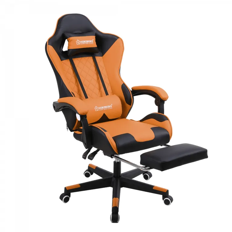 Herzberg gamer és irodai szék kihajtható lábtartóval, nyak- és derékpárnával, PVC bőr, narancs
