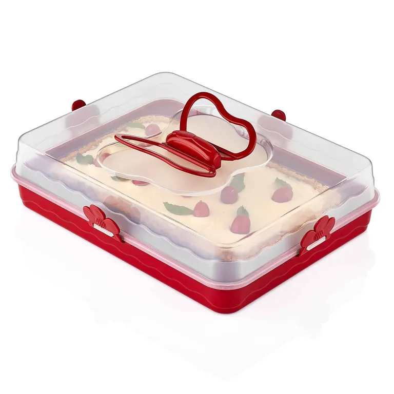 Herzberg torta tároló doboz csíptetős fedéllel, BPA mentes, 39 x 29,5 x 11 cm, piros