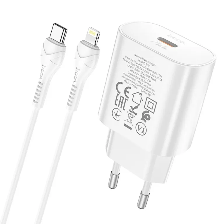 HOCO N22 utazási töltő PD25W USB-C + USB-C/Lightning kábel Fehér