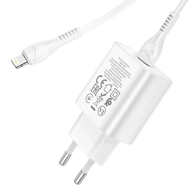 HOCO N22 utazási töltő PD25W USB-C + USB-C/Lightning kábel Fehér