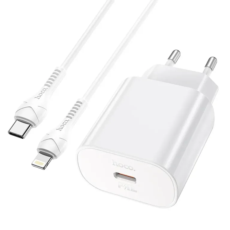 HOCO N22 utazási töltő PD25W USB-C + USB-C/Lightning kábel Fehér