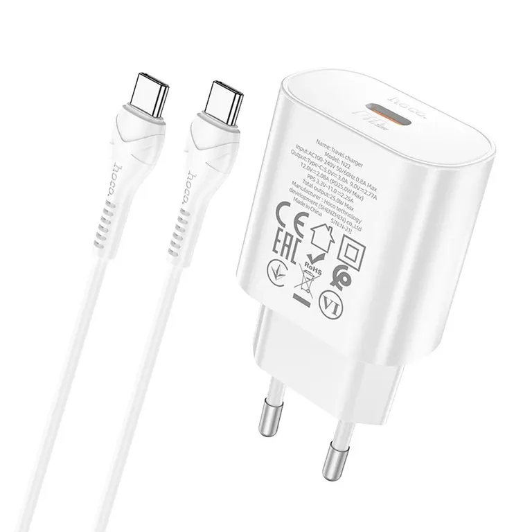 HOCO N22 utazási töltő PD25W USB-C + USB-C/USB-C kábel Fehér