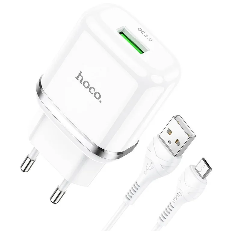 HOCO N3 töltő USB 3A QC3.0 gyorstöltés + microUSB kábel Fehér