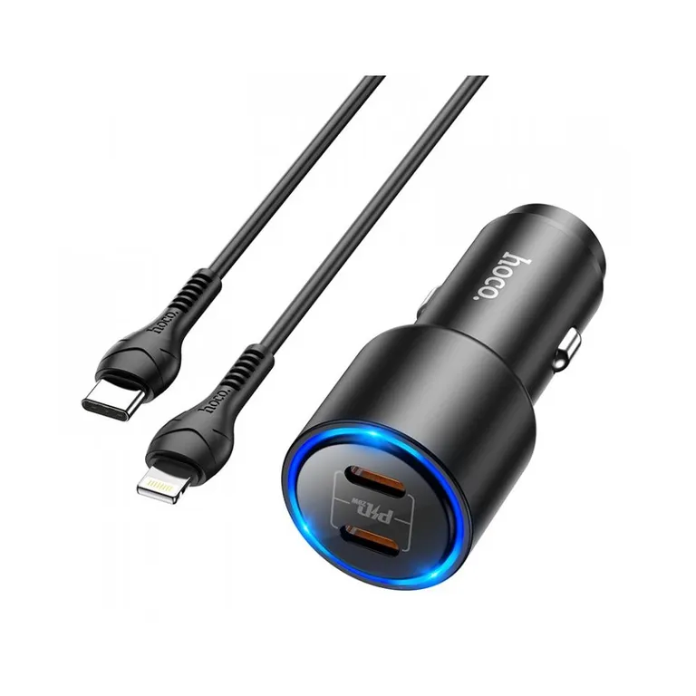 HOCO NZ3 autós töltő 2x USB-C Clear Way PD 40W QC + Lightning Fekete