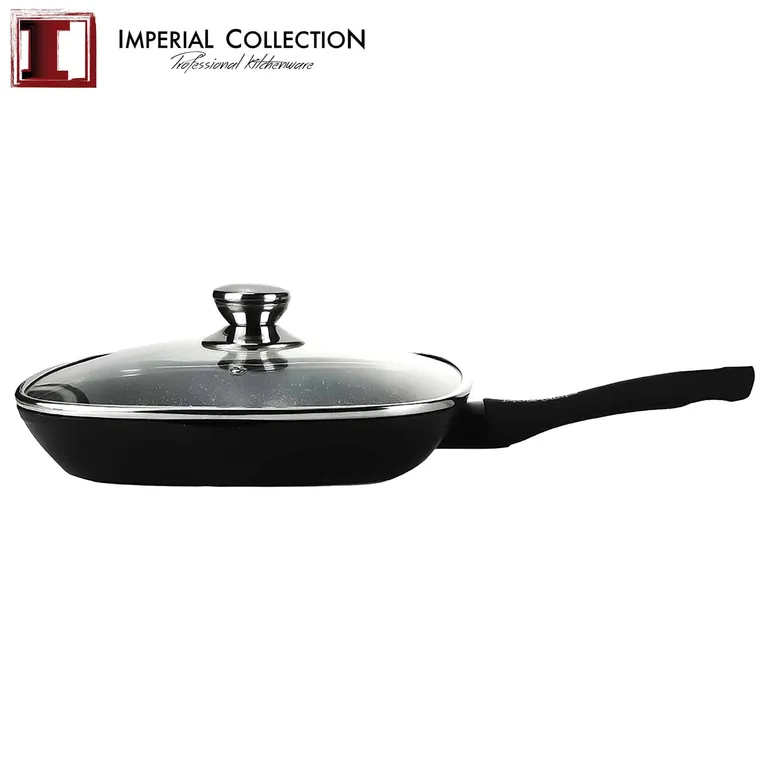 Imperial Collection 28 cm-es márvány bevonatú grill serpenyő fedővel, fekete
