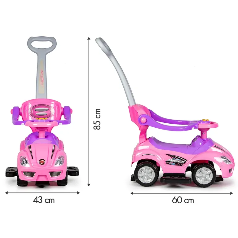 3 az 1-ben lábbal hajtható játékautó interaktív kormánnyal, levehető háttámlával és oldal korláttal, 84.5 x 84.7 x 45.5 cm, rózsaszín