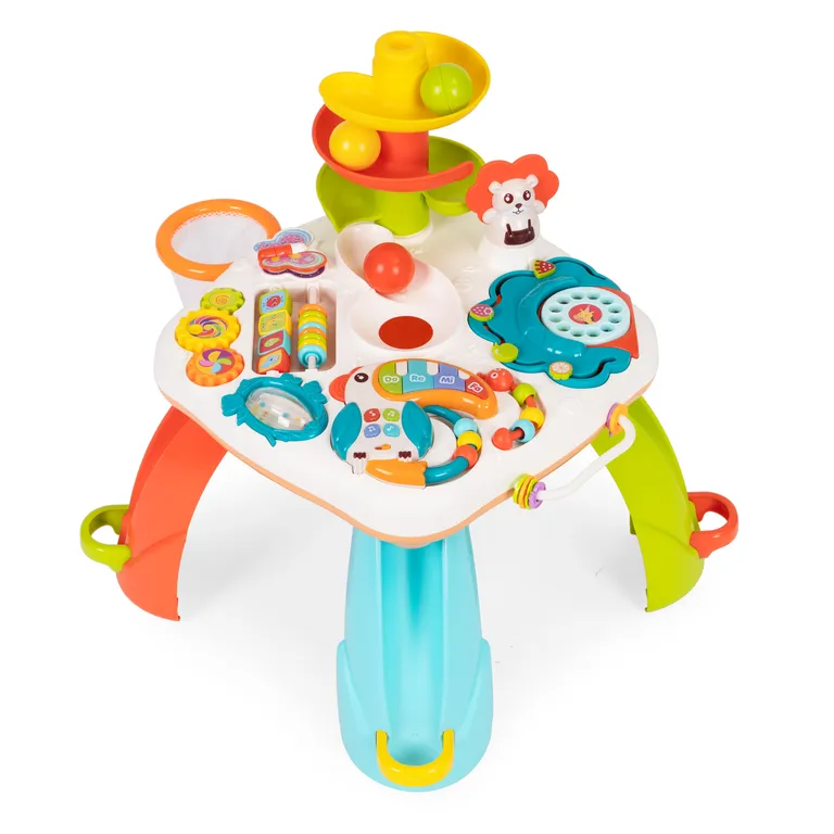 Interaktív zenélő játékasztal kisgyerekeknek csúszdaspirállal, golyókkal, színes, műanyag