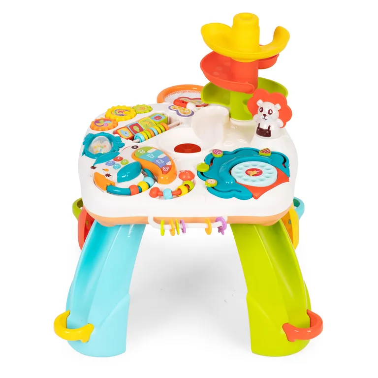 Interaktív zenélő játékasztal kisgyerekeknek csúszdaspirállal, golyókkal, színes, műanyag