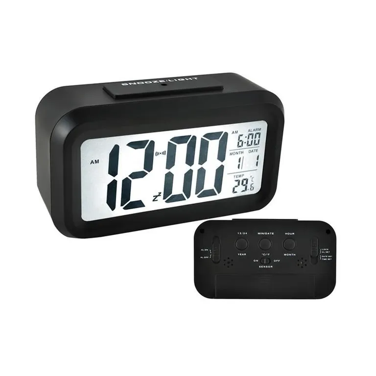 Iso Multifunkcionális óra szürkületérzékelővel, idő/dátum/hőmérséklet kijelzővel, fekete