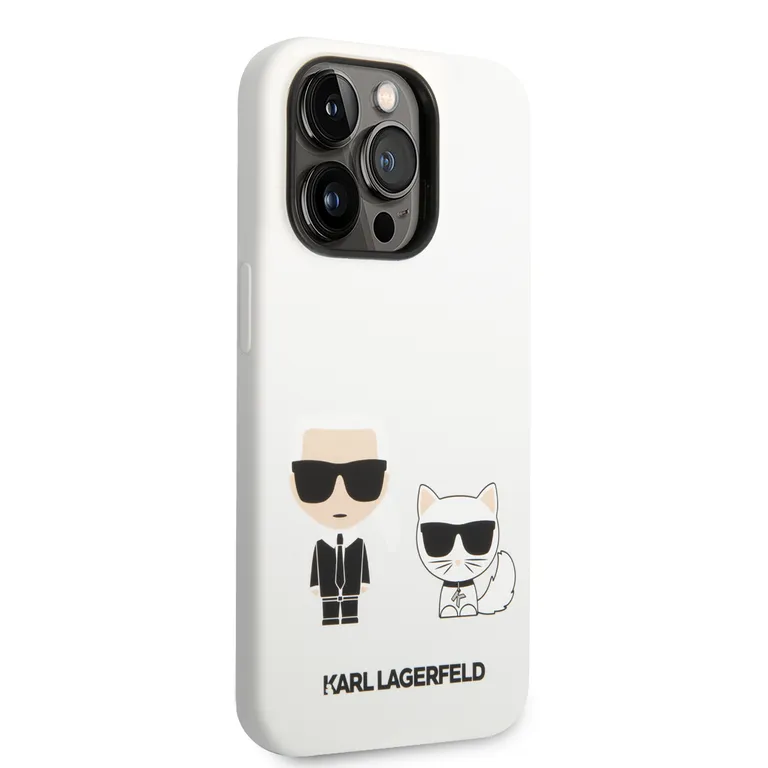 Karl Lagerfeld és Choupette folyékony szilikon hátlap iPhone 14 Pro fehérhez