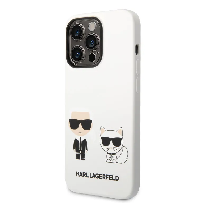 Karl Lagerfeld és Choupette folyékony szilikon hátlap iPhone 14 Pro fehérhez