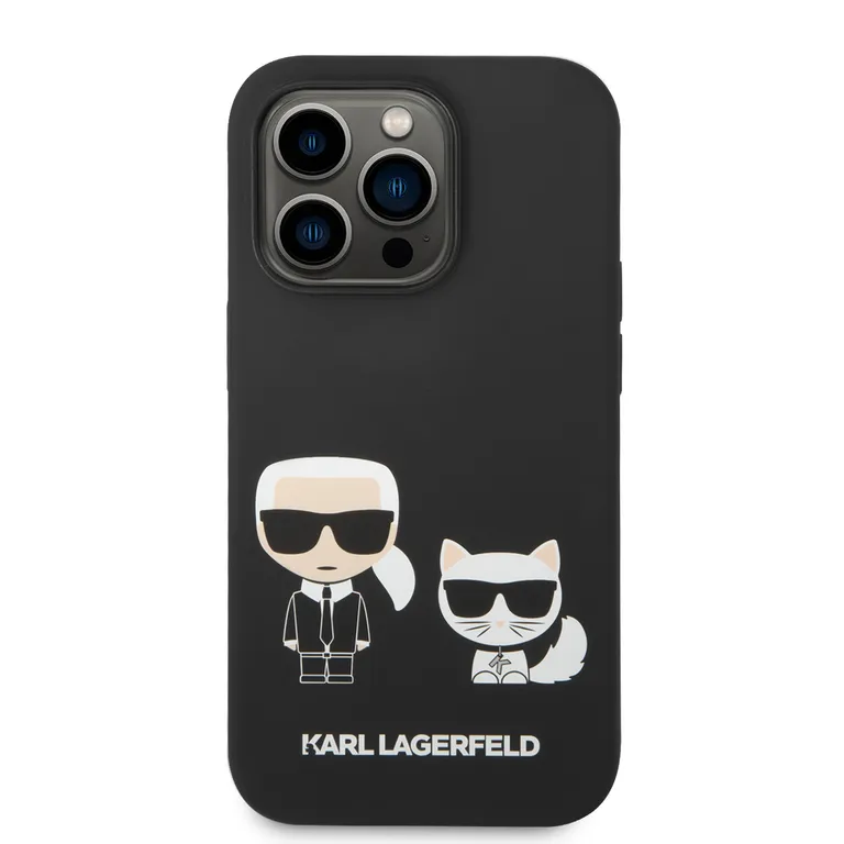 Karl Lagerfeld és Choupette folyékony szilikon hátlap iPhone 14 Pro fekete színűre