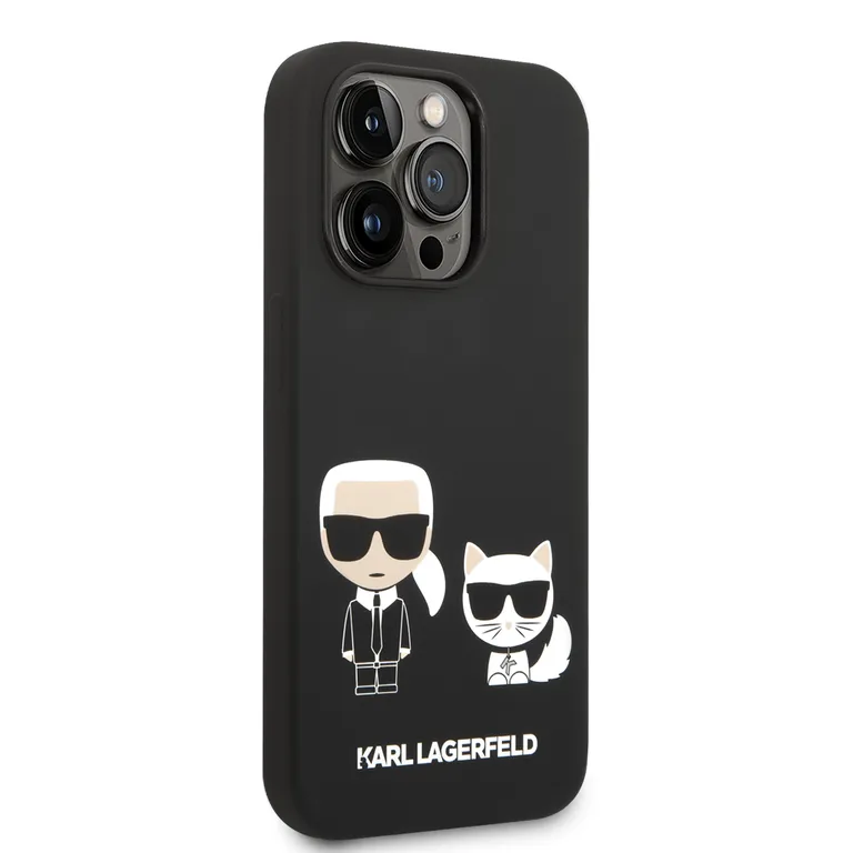 Karl Lagerfeld és Choupette folyékony szilikon hátlap iPhone 14 Pro fekete színűre