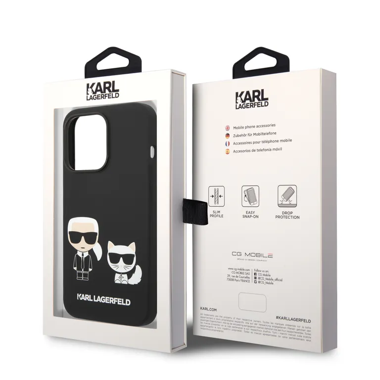 Karl Lagerfeld és Choupette folyékony szilikon hátlap iPhone 14 Pro fekete színűre