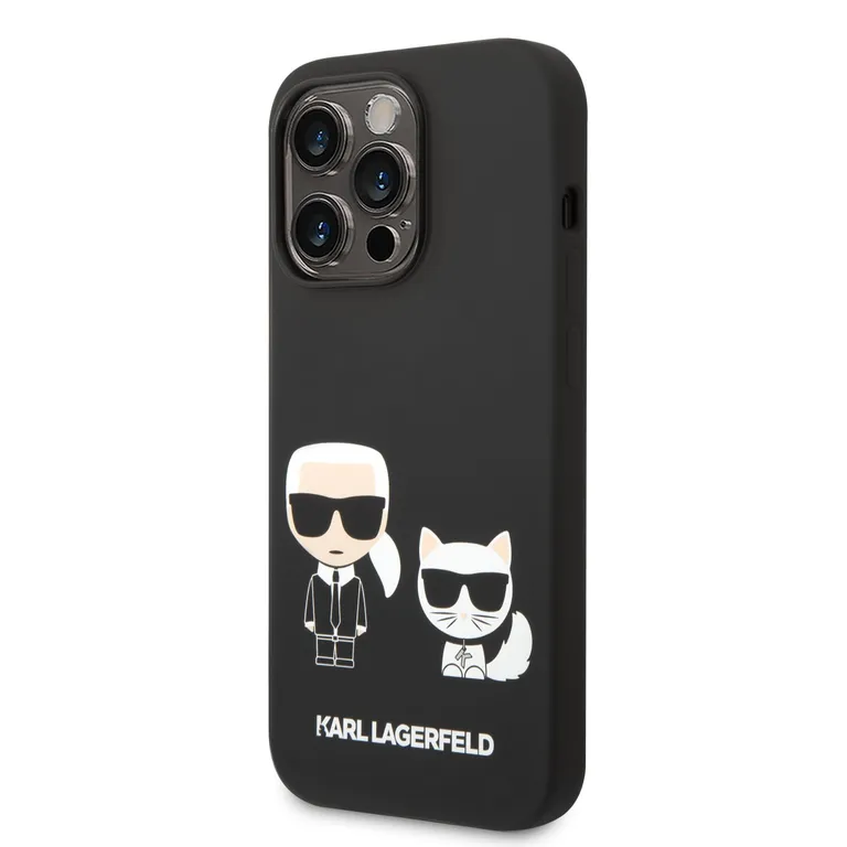 Karl Lagerfeld és Choupette folyékony szilikon hátlap iPhone 14 Pro fekete színűre