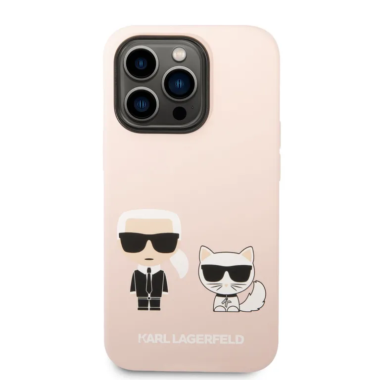 Karl Lagerfeld és Choupette folyékony szilikon hátlap iPhone 14 Pro Max rózsaszínhez