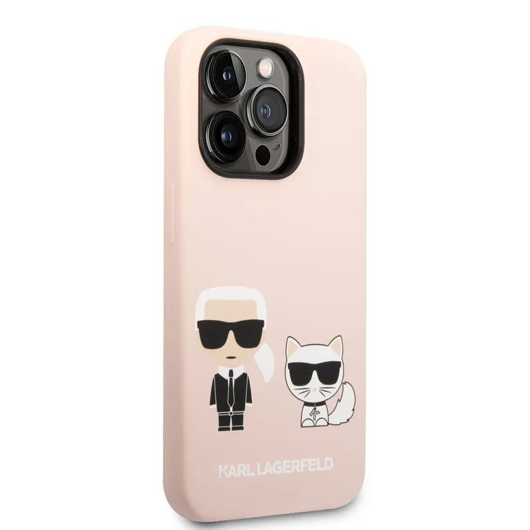 Karl Lagerfeld és Choupette folyékony szilikon hátlap iPhone 14 Pro Max rózsaszínhez