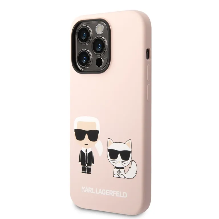 Karl Lagerfeld és Choupette folyékony szilikon hátlap iPhone 14 Pro rózsaszínhez