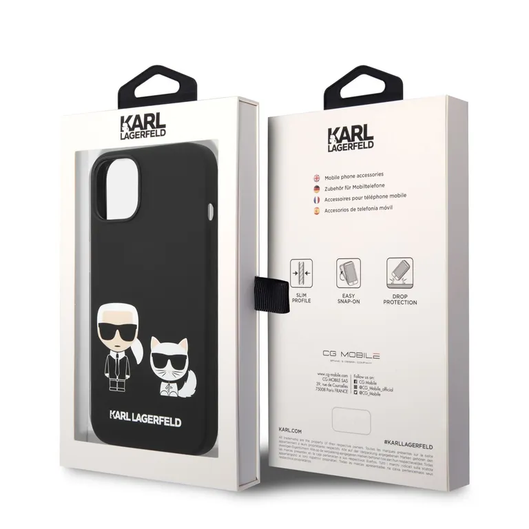 Karl Lagerfeld és Choupette folyékony szilikon Zadní Kryt pro iPhone 14 fekete tok