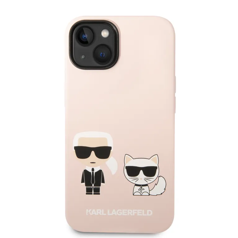 Karl Lagerfeld és Choupette folyékony szilikon Zadní Kryt pro iPhone 14 rózsaszínű tok