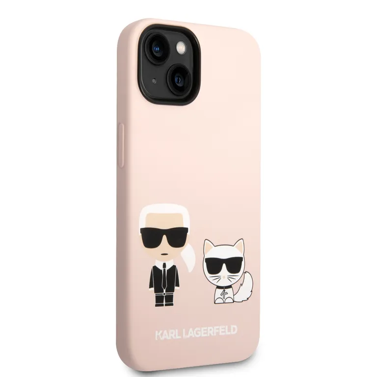 Karl Lagerfeld és Choupette folyékony szilikon Zadní Kryt pro iPhone 14 rózsaszínű tok