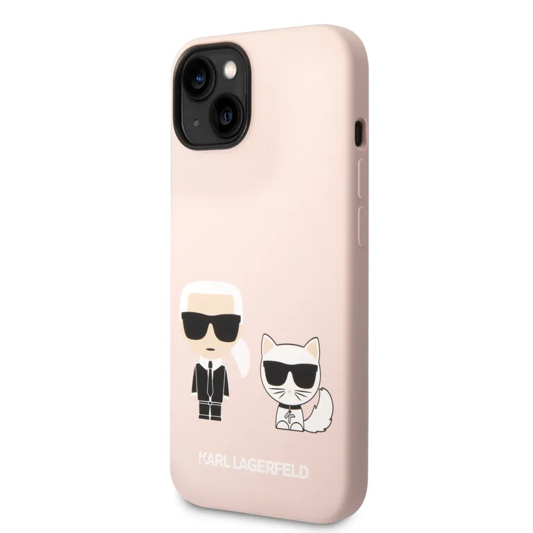 Karl Lagerfeld és Choupette folyékony szilikon Zadní Kryt pro iPhone 14 rózsaszínű tok