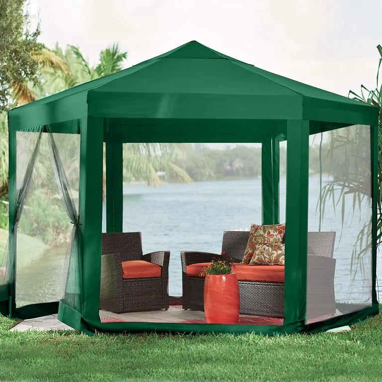 Acél szerkezetes kerti pavilon sátor szúnyoghálós oldalfalakkal, cipzáros bejárat, 2x2x2 m, zöld-fehér
