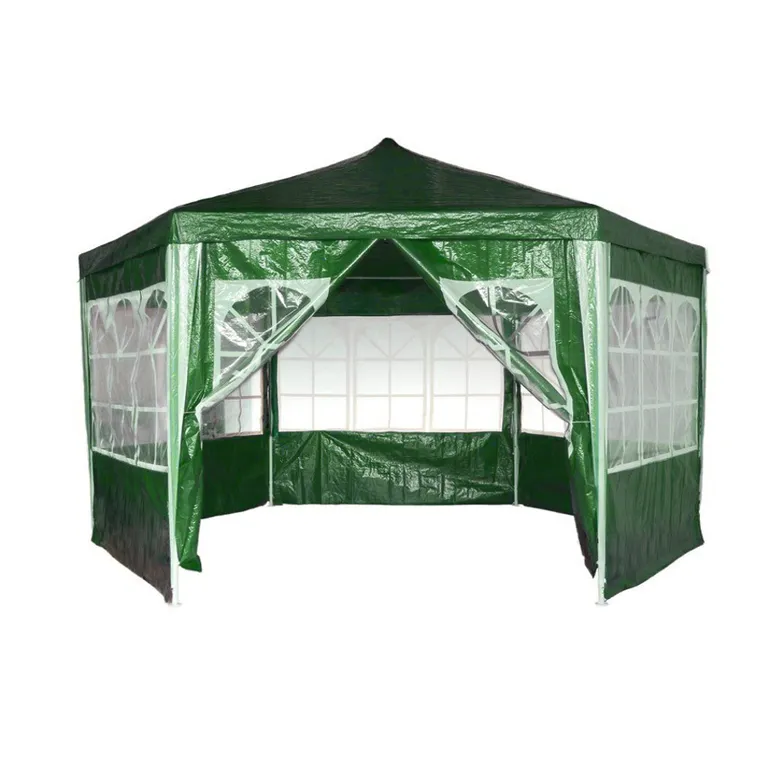 Acél szerkezetes kerti pavilon sátor ablakos oldalfalakkal, cipzáros bejárat, 2x2x2 m, zöld-fehér