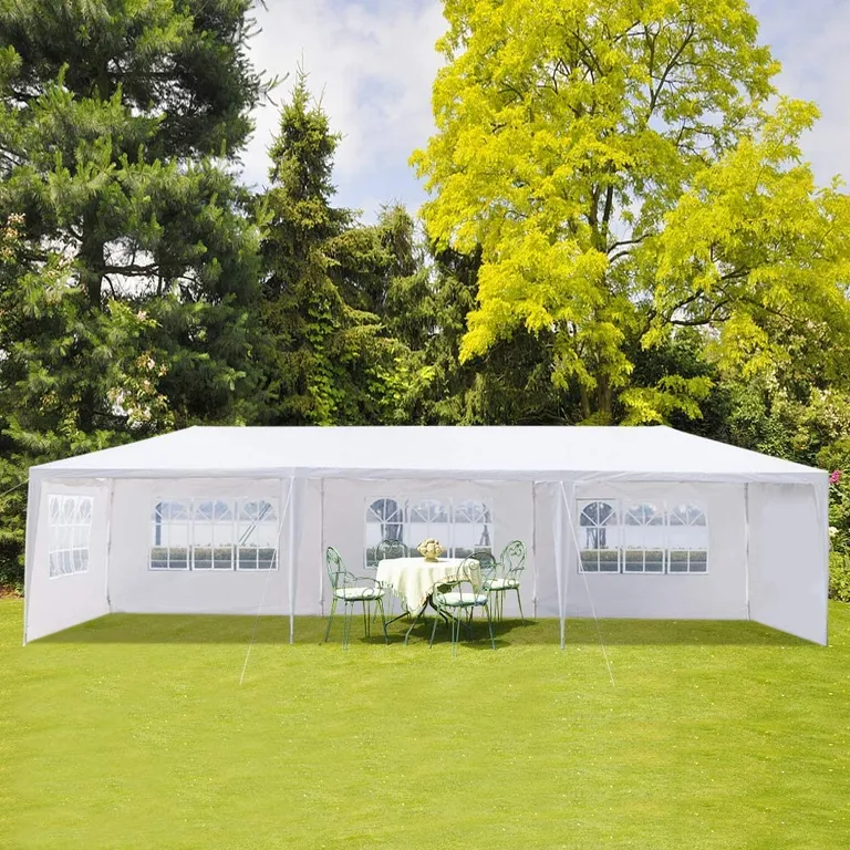 Acél szerkezetes kerti pavilon sátor 8 db ablakos levehető oldalpanellel, 3x9m, fehér