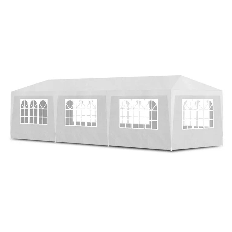 Acél szerkezetes kerti pavilon sátor 8 db ablakos levehető oldalpanellel, 3x9m, fehér