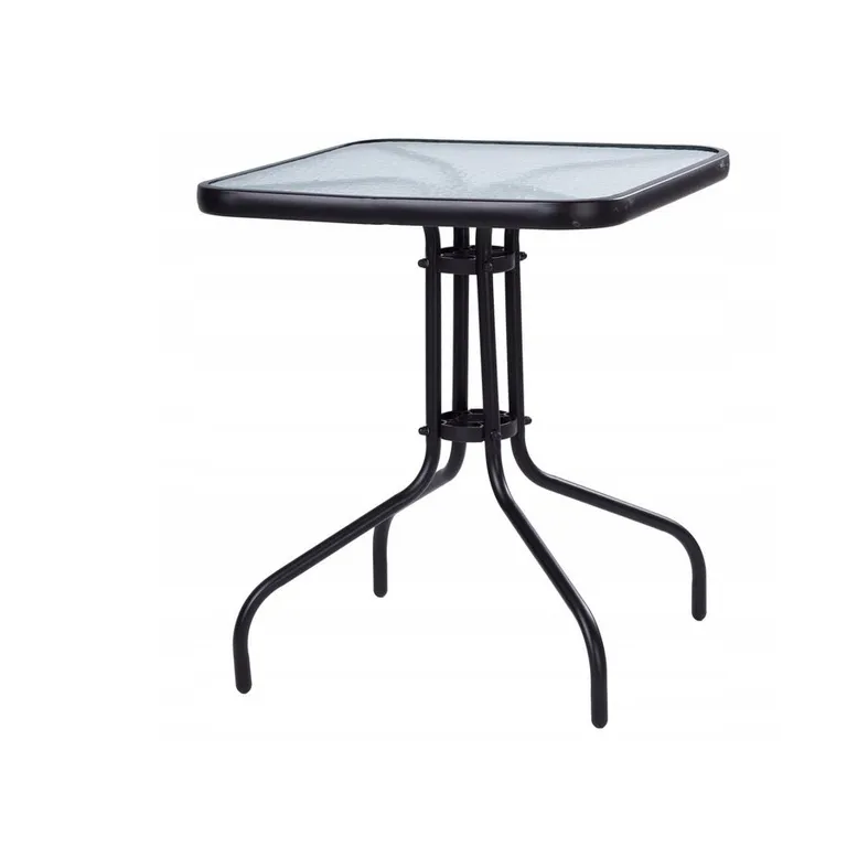 Kerti asztal üveglappal, négyzet alakú, fekete, 60x70 cm