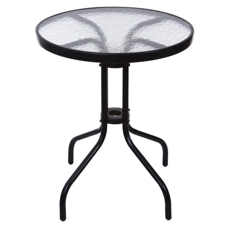 Kerti asztal üveglappal, kör alakú, fekete, 60x70 cm