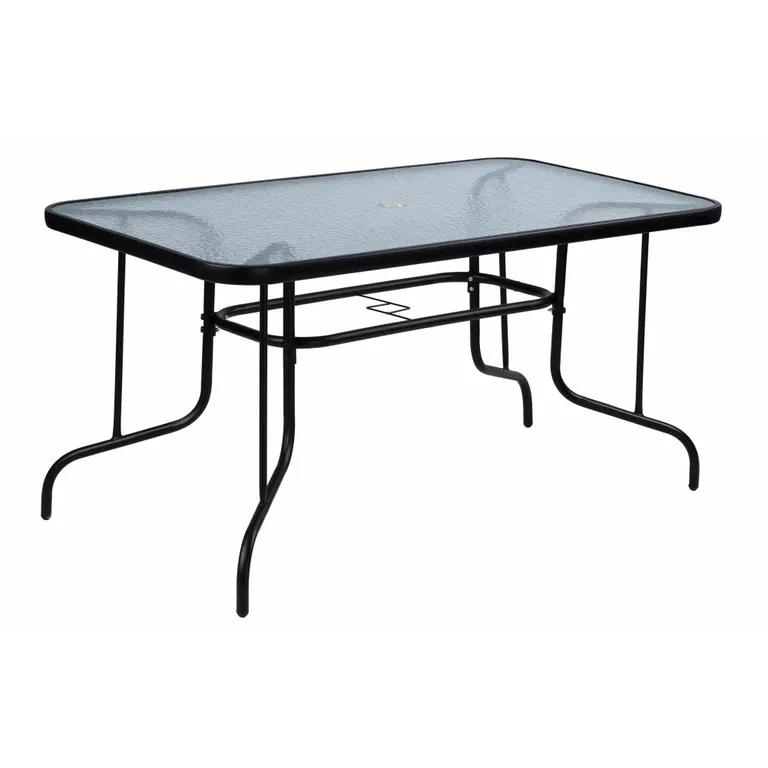 Kerti asztal üveglappal, fekete, 150x90x72 cm
