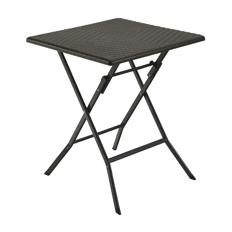 Összecsukható kerti dohányzóasztal, négyzet alakú, fekete fém, rattan hatású műanyag, 73x62x62 cm lap, fekete