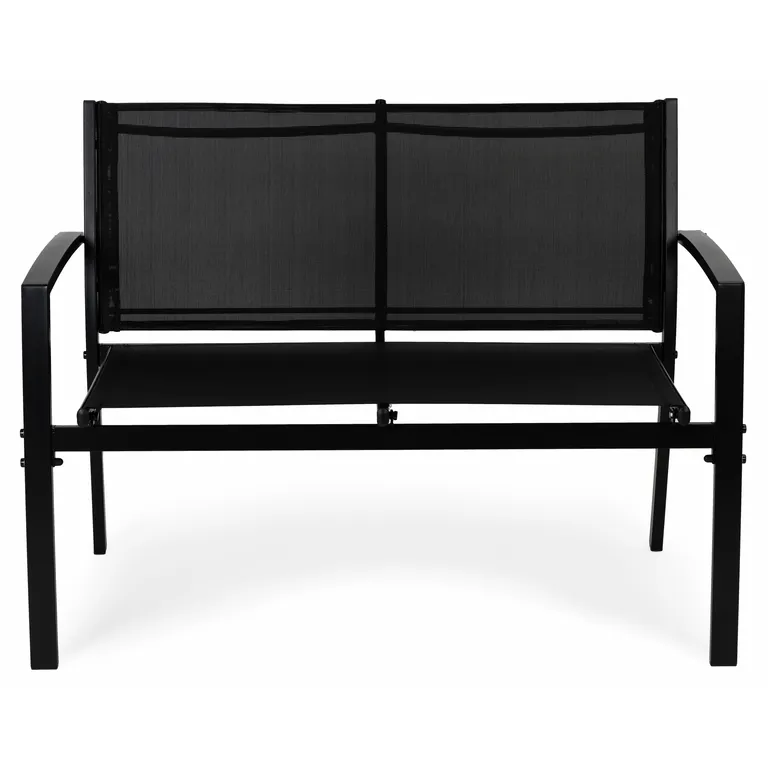 Kerti bútor szett, asztal (90×50 cm) ülőpaddal, 2 db fotellel, tömör fémszerkezet, fekete