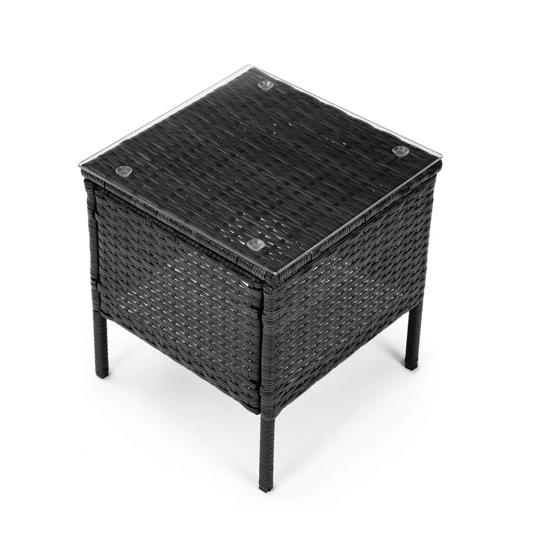 Rattan kerti bútor szett, asztal (40,5×40,5×40,5×43 cm) üveglappal, 2 db fotellel, fekete-szürke