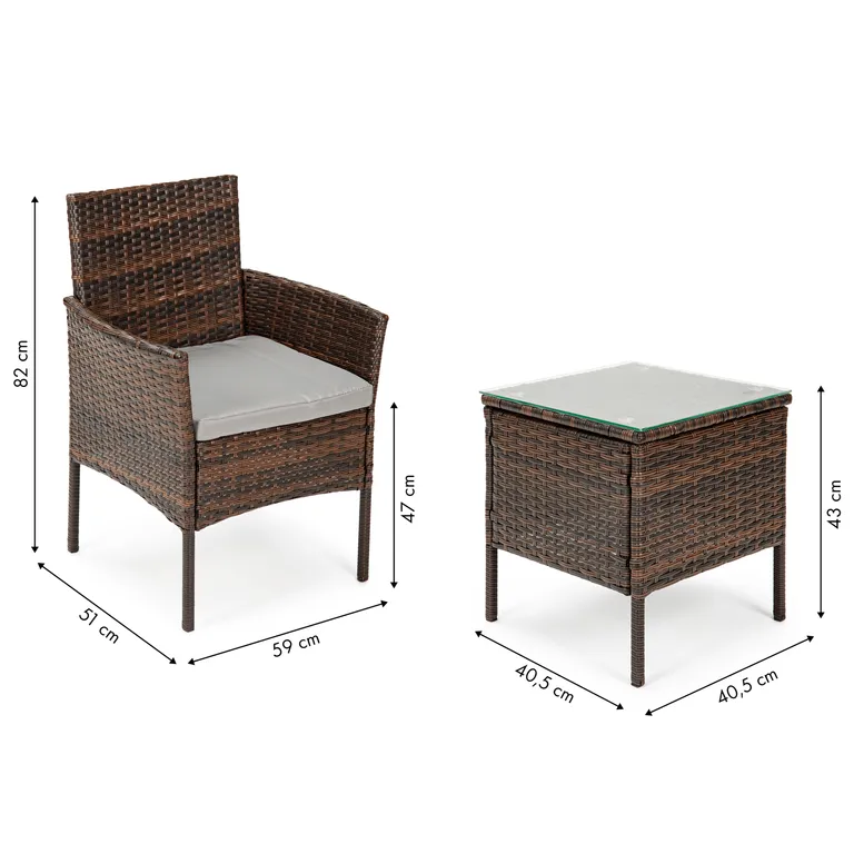 Rattan kerti bútor szett, asztal (40,5×40,5×40,5×43 cm) üveglappal, 2 db fotellel, barna-szürke